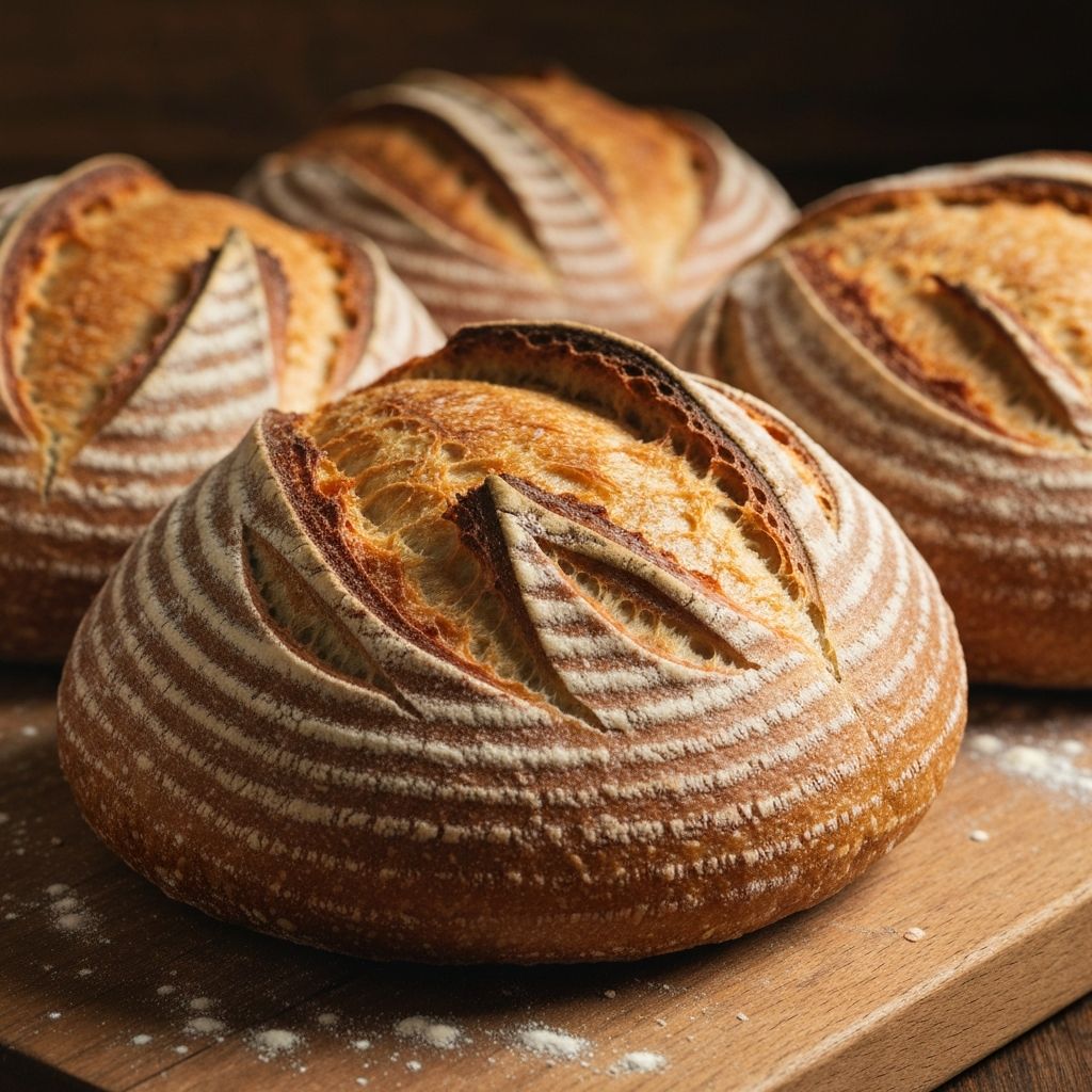 Freshly baked artisanal sourdough bread loaves on a rustic wooden board