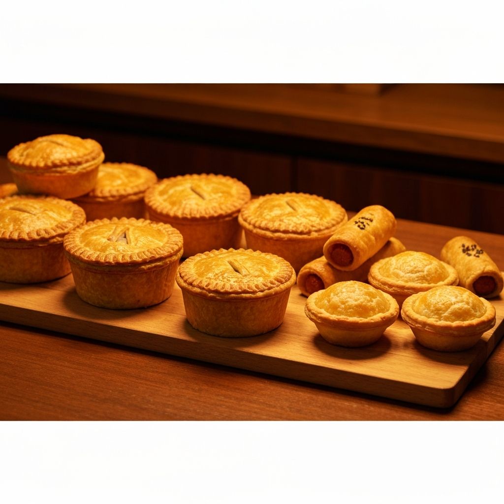 Assortment of freshly baked pies, sausage rolls and golden tarts on a wooden board
