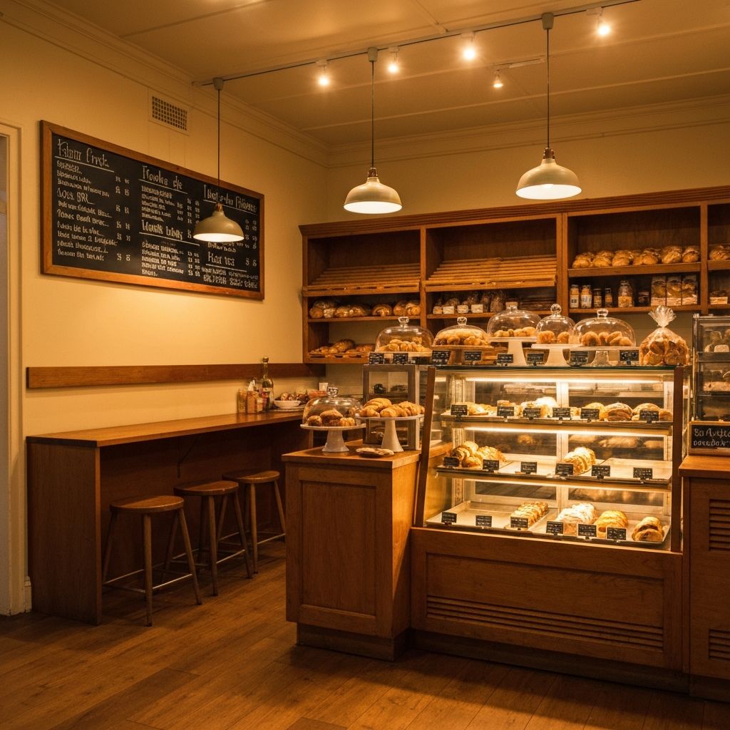 Cosy interior of Millhouse Bakery Cafe — wooden furnishings, display cabinet of pastries and a chalkboard menu