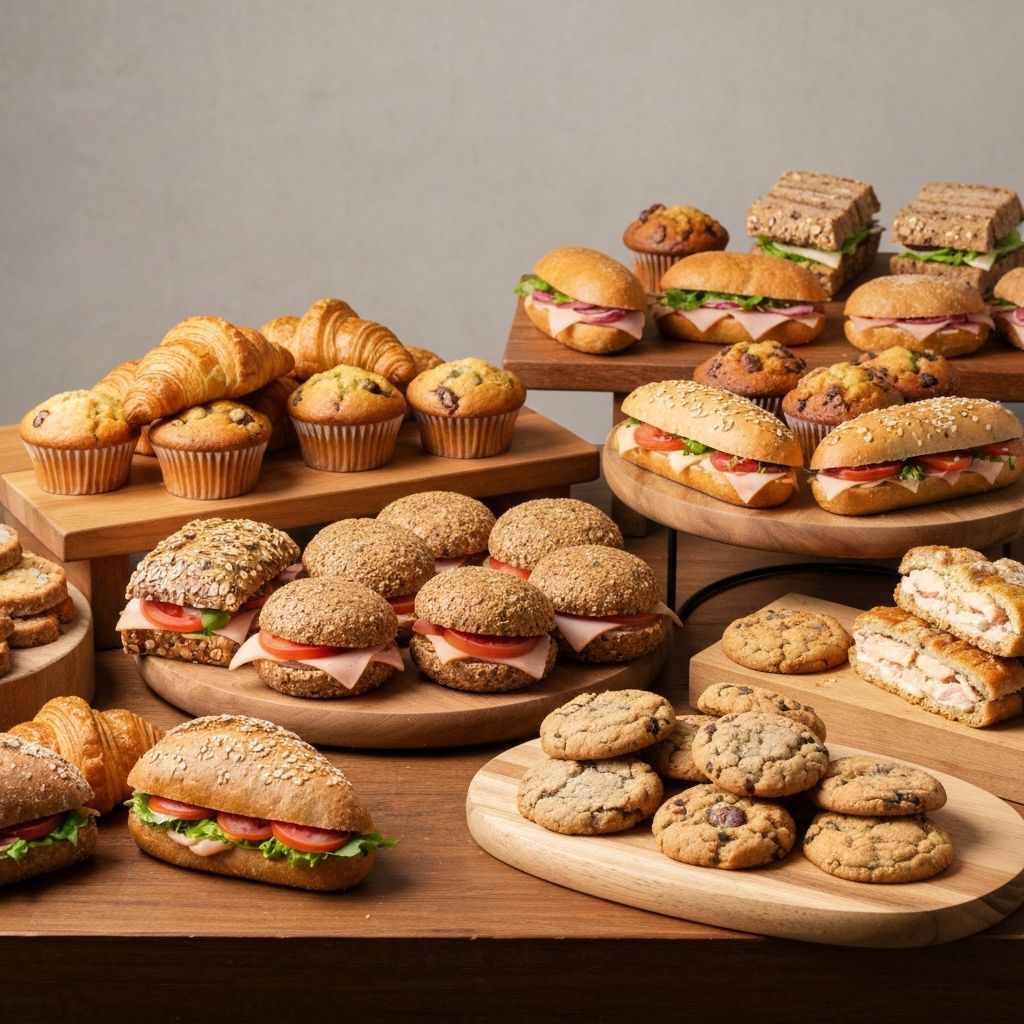 Elegant catering spread of artisan sandwiches, pastries and baked goods on wooden platters