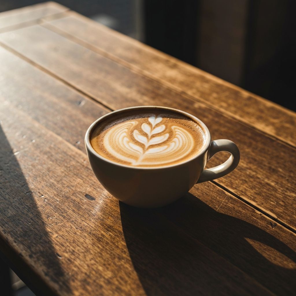 Artisan flat white coffee in a ceramic cup with latte art on a wooden cafe table