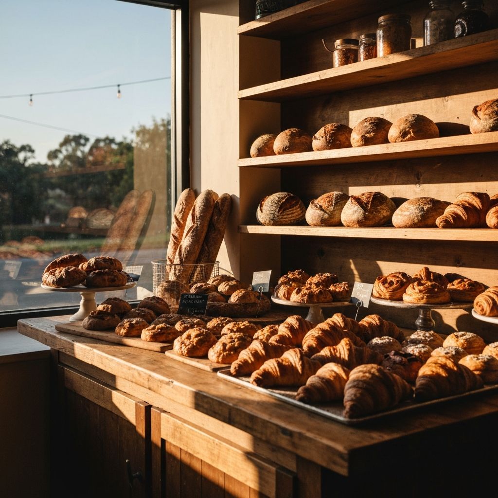 Warm artisan bakery counter with freshly baked sourdough loaves, croissants, and pastries