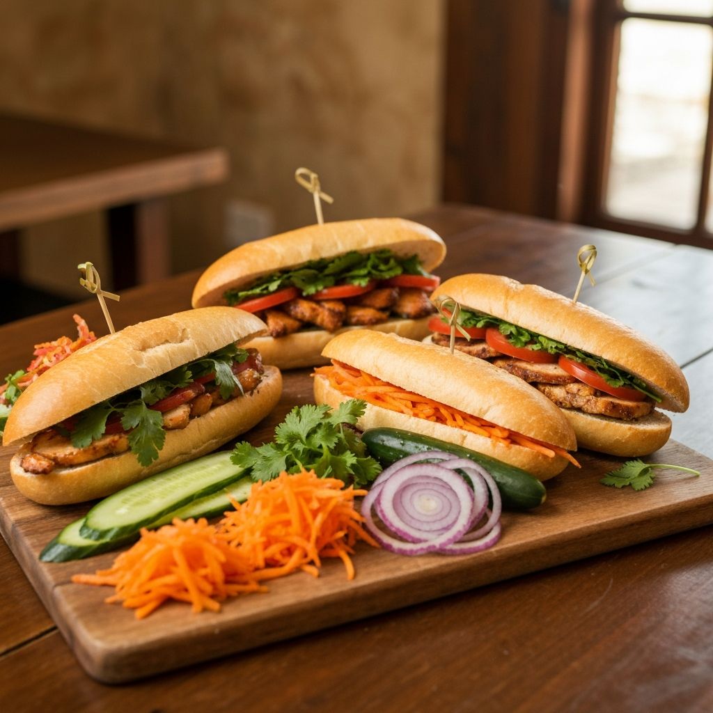 Fresh Vietnamese bánh mì and gourmet deli sandwiches on a wooden board